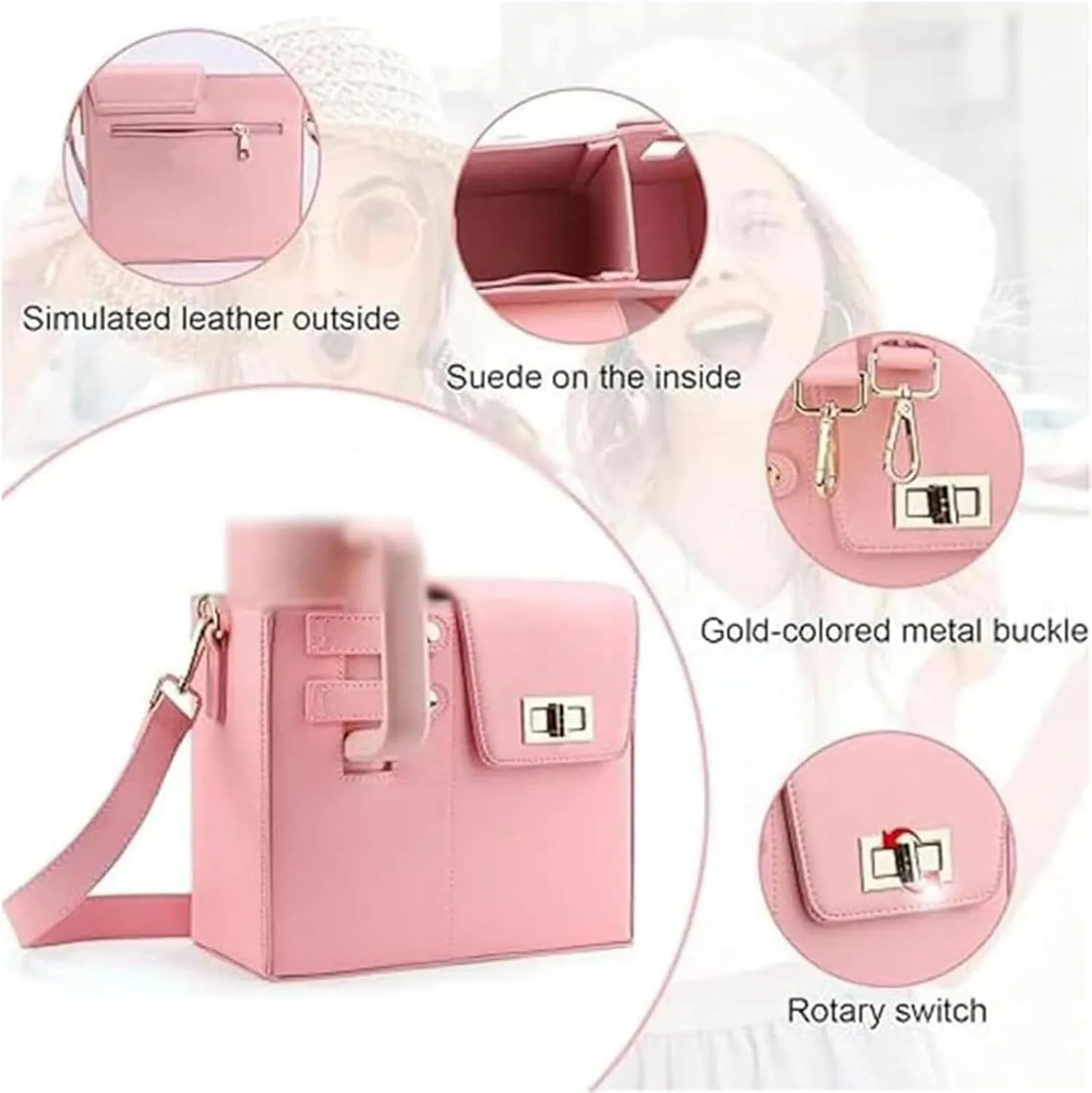 Outdoor Portable Crossbody Water Cup Storage Bag,Cross Body Bag with Water Bottle Holder,Outdoor Water Cup Storage Bag,Multifunctional Leather Water Bottle Holder Adjustable Shoulder Strap (Pink)