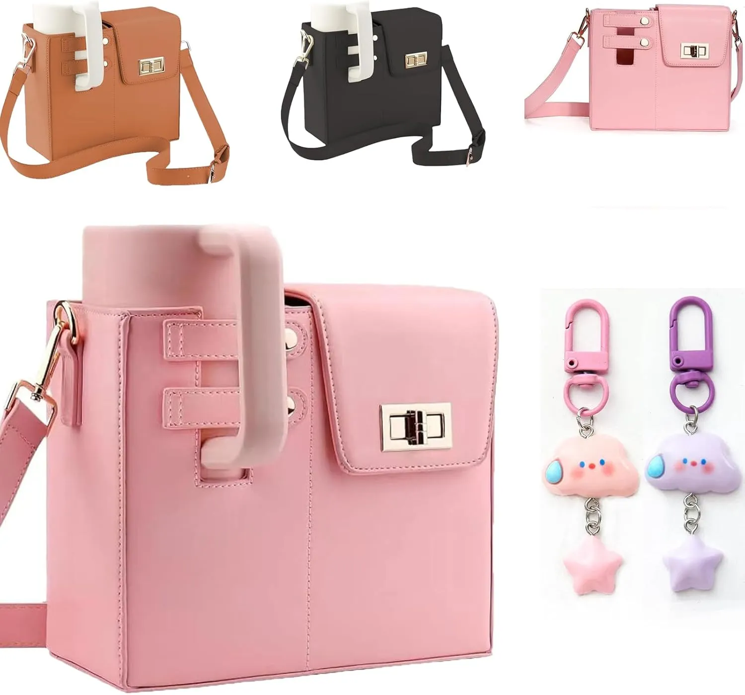 Outdoor Portable Crossbody Water Cup Storage Bag,Cross Body Bag with Water Bottle Holder,Outdoor Water Cup Storage Bag,Multifunctional Leather Water Bottle Holder Adjustable Shoulder Strap (Pink)