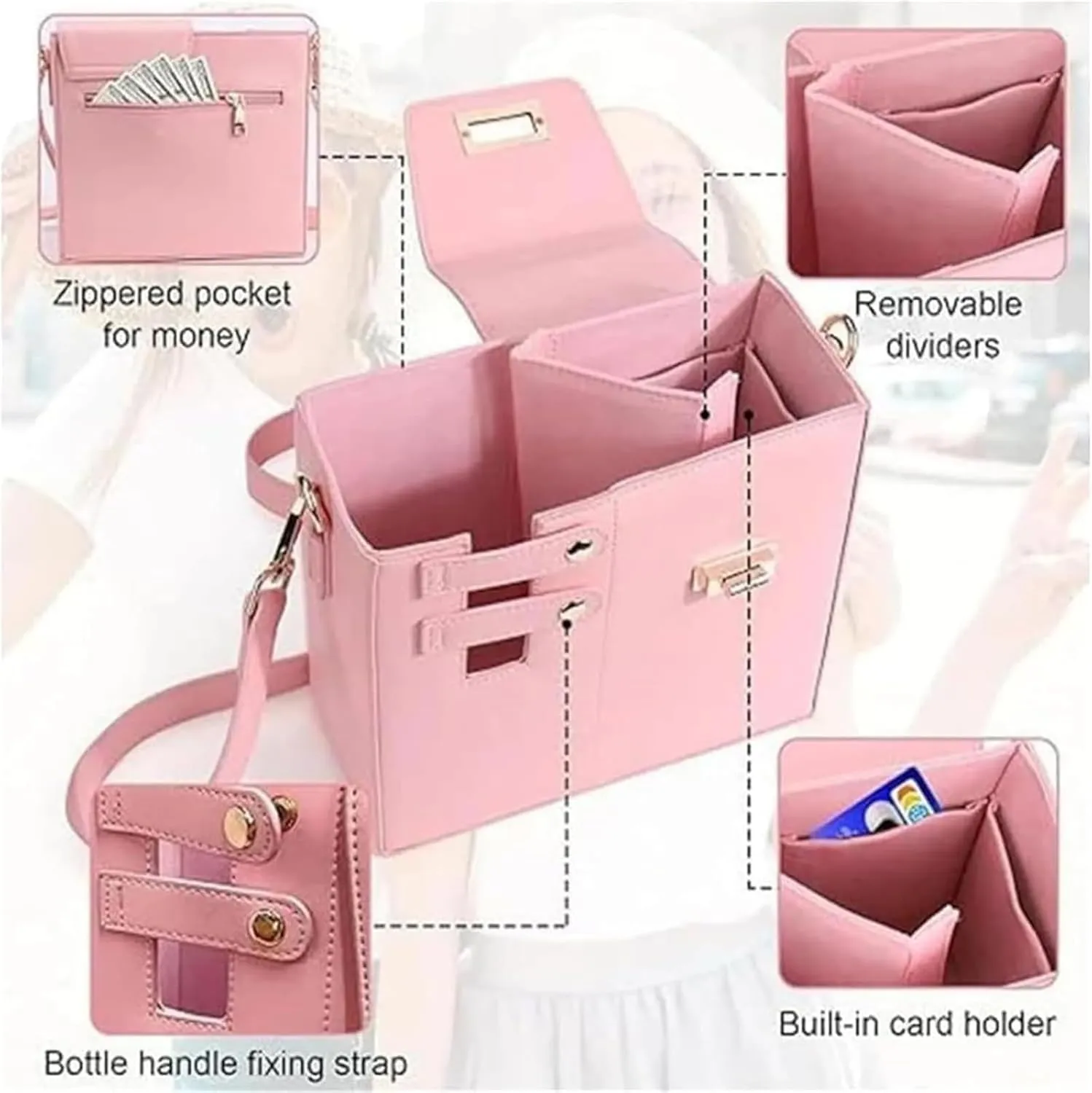 Outdoor Portable Crossbody Water Cup Storage Bag,Cross Body Bag with Water Bottle Holder,Outdoor Water Cup Storage Bag,Multifunctional Leather Water Bottle Holder Adjustable Shoulder Strap (Pink)