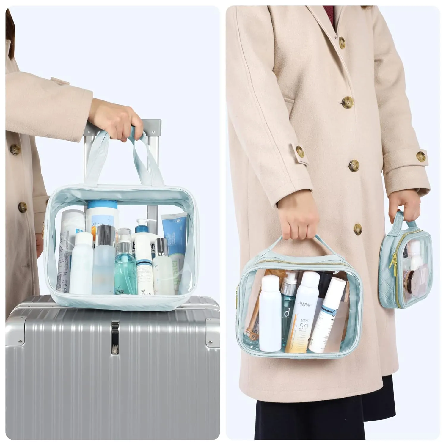 PACKISM Clear Toiletry Bags - 3 Pack Makeup Bags with Handle, Large Opening, Waterproof Cosmetic Bags for Travel Essentials, Grayish Blue