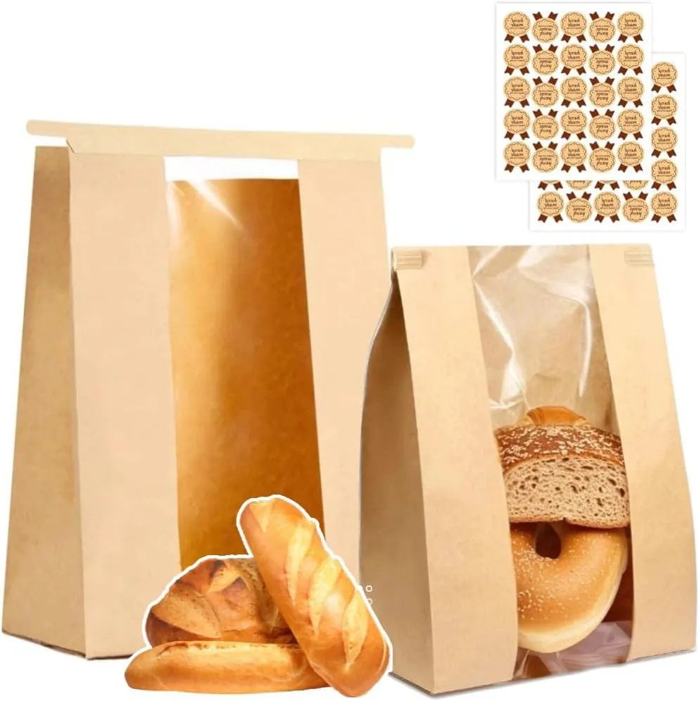 PAICUIKE 100 Pack Large Kraft Paper Bread Bags for Homemade Bread Sourdough Bags 13.7" x 8.2" x 3.5" with Tin Tie Tab Lock Clear Front Window Bakery Bag Packaging Cookie Bag with Label Seal Stickers