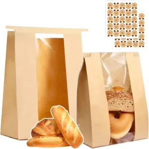 PAICUIKE 100 Pack Large Kraft Paper Bread Bags for Homemade Bread Sourdough Bags 13.7" x 8.2" x 3.5" with Tin Tie Tab Lock Clear Front Window Bakery Bag Packaging Cookie Bag with Label Seal Stickers