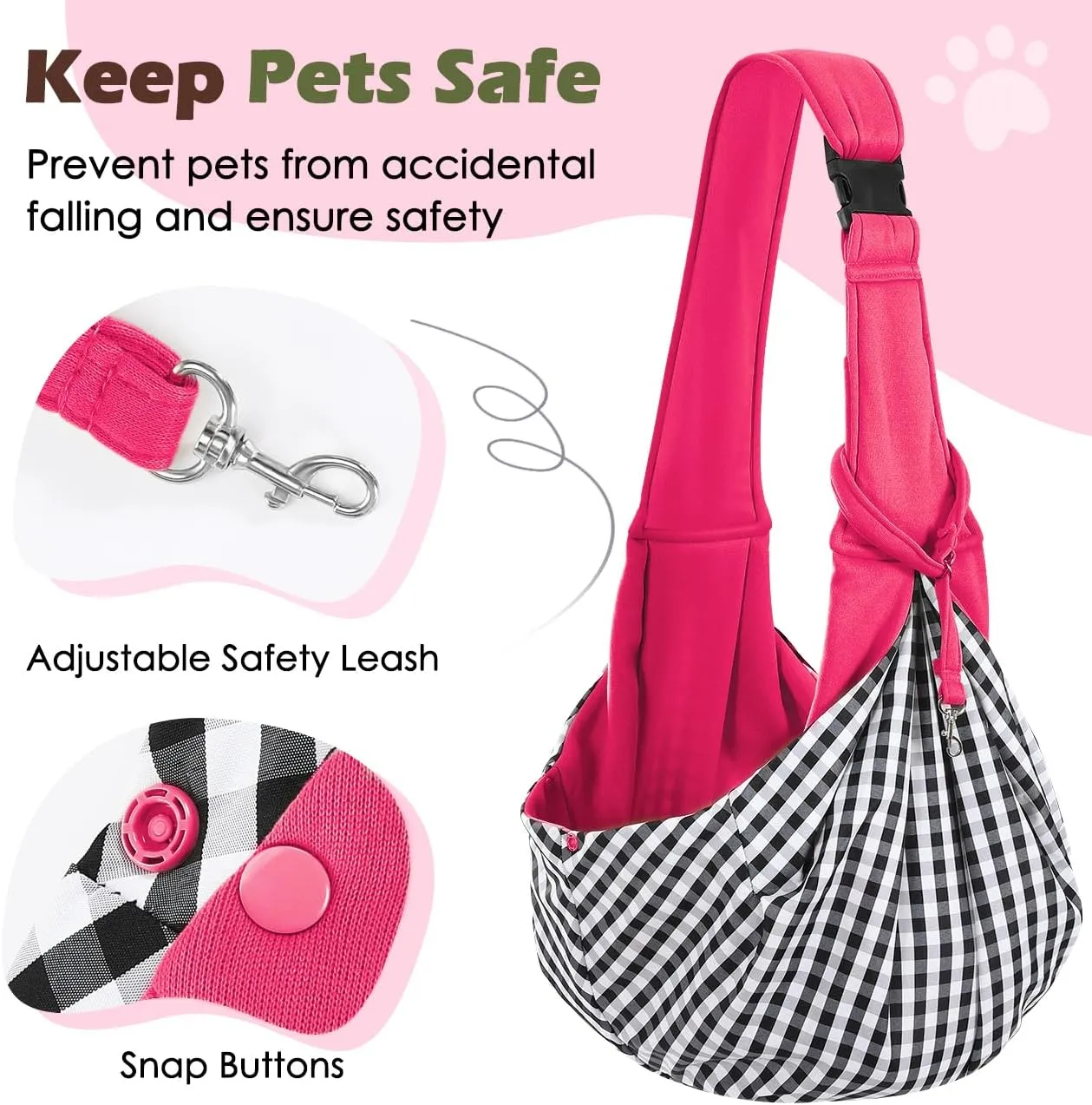 Pawaboo Small Dog Sling Carrier, Reversible Hands Free Dog Sling Carrier for Small Dogs Cats, Puppy Sling Carrier with Adjustable Strap Buckle & Safety Harness, Puppy Essentials, Magenta