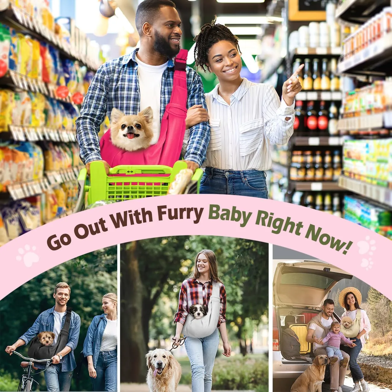Pawaboo Small Dog Sling Carrier, Reversible Hands Free Dog Sling Carrier for Small Dogs Cats, Puppy Sling Carrier with Adjustable Strap Buckle & Safety Harness, Puppy Essentials, Magenta