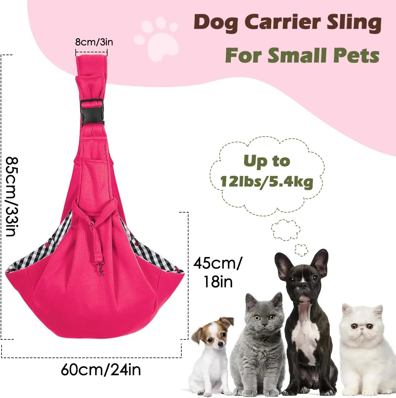 Pawaboo Small Dog Sling Carrier, Reversible Hands Free Dog Sling Carrier for Small Dogs Cats, Puppy Sling Carrier with Adjustable Strap Buckle & Safety Harness, Puppy Essentials, Magenta