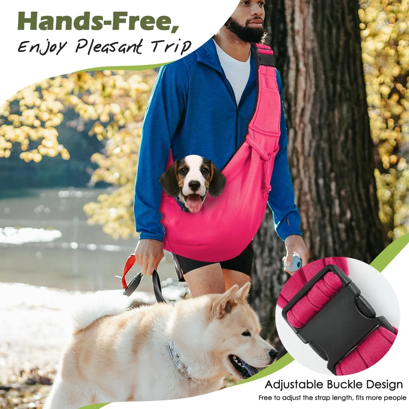 Pawaboo Small Dog Sling Carrier, Reversible Hands Free Dog Sling Carrier for Small Dogs Cats, Puppy Sling Carrier with Adjustable Strap Buckle & Safety Harness, Puppy Essentials, Magenta