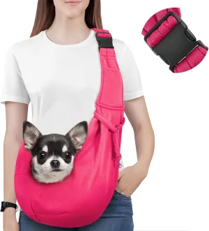 Pawaboo Small Dog Sling Carrier, Reversible Hands Free Dog Sling Carrier for Small Dogs Cats, Puppy Sling Carrier with Adjustable Strap Buckle & Safety Harness, Puppy Essentials, Magenta