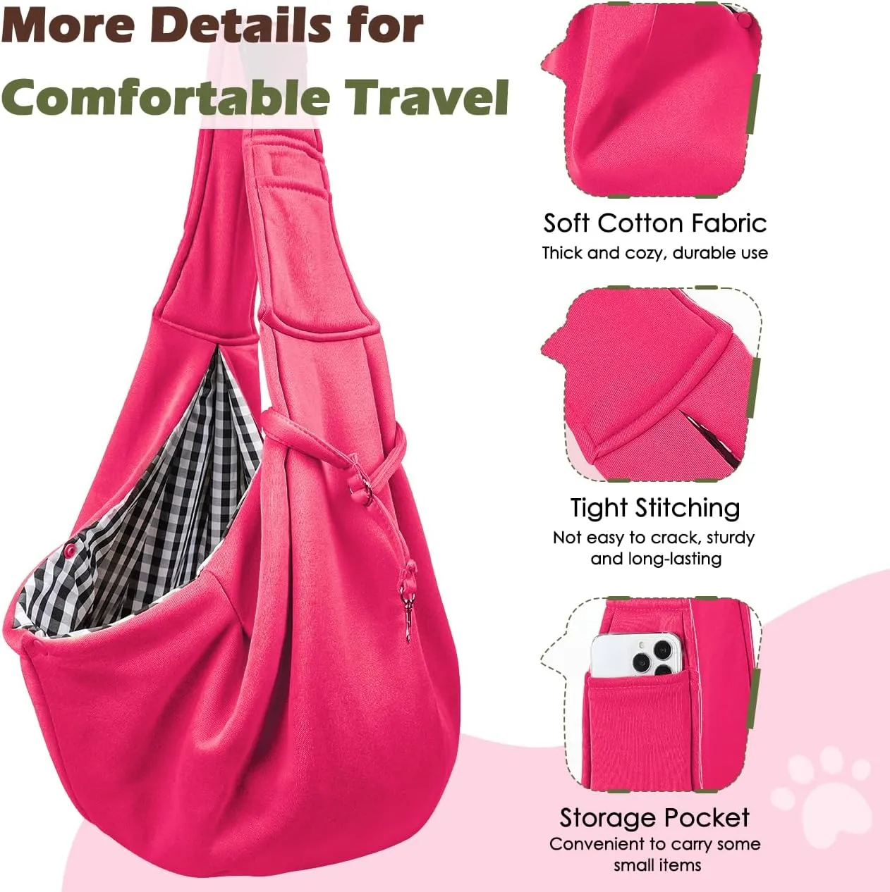 Pawaboo Small Dog Sling Carrier, Reversible Hands Free Dog Sling Carrier for Small Dogs Cats, Puppy Sling Carrier with Adjustable Strap Buckle & Safety Harness, Puppy Essentials, Magenta