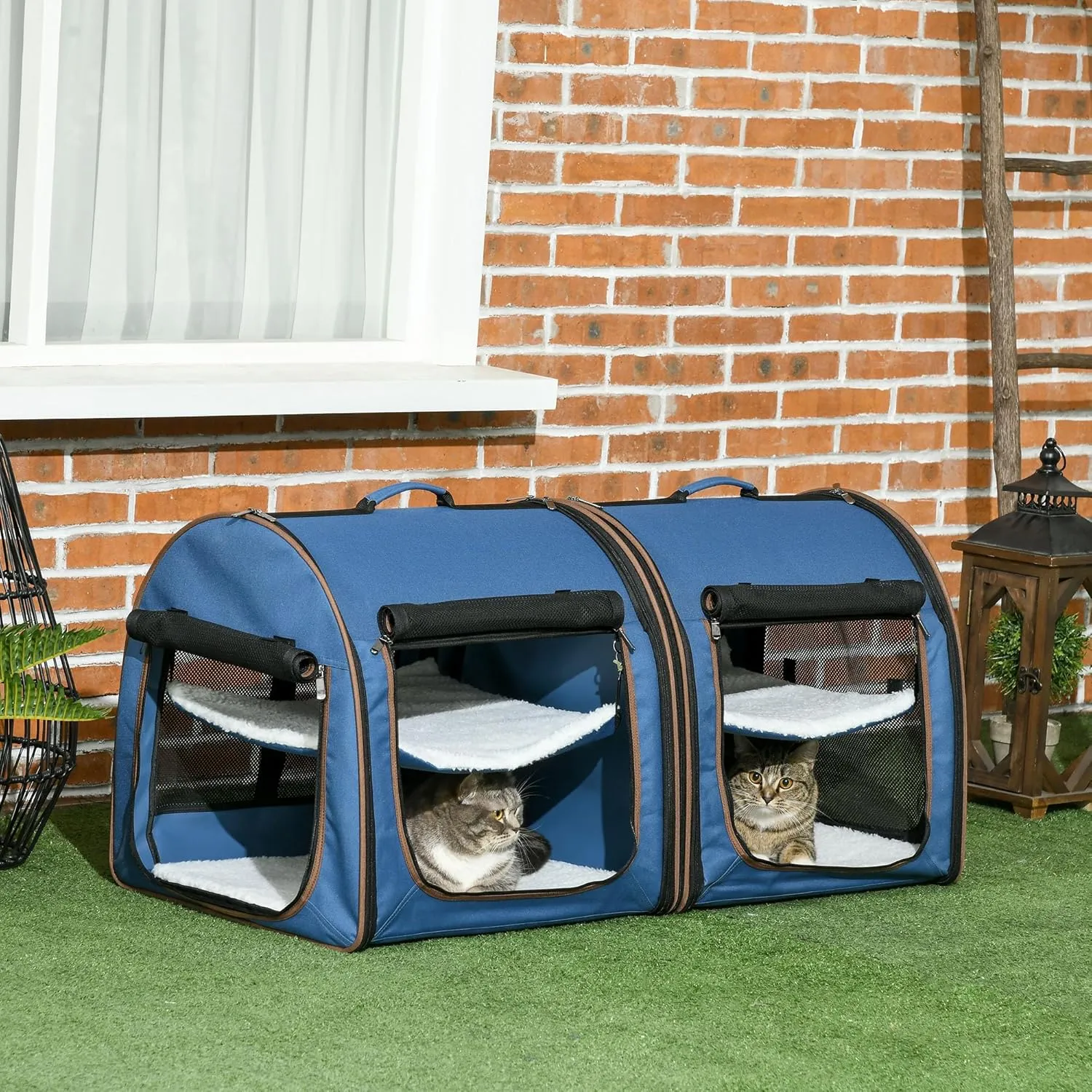 PawHut 39" Portable Soft-Sided Cat Carrier, Cat Kennel, Travel Dog Crate with Divider, Two Compartments, Soft Cushions & Storage Bag, Easy to Fold, Blue