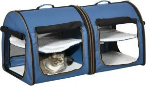 PawHut 39" Portable Soft-Sided Cat Carrier, Cat Kennel, Travel Dog Crate with Divider, Two Compartments, Soft Cushions & Storage Bag, Easy to Fold, Blue