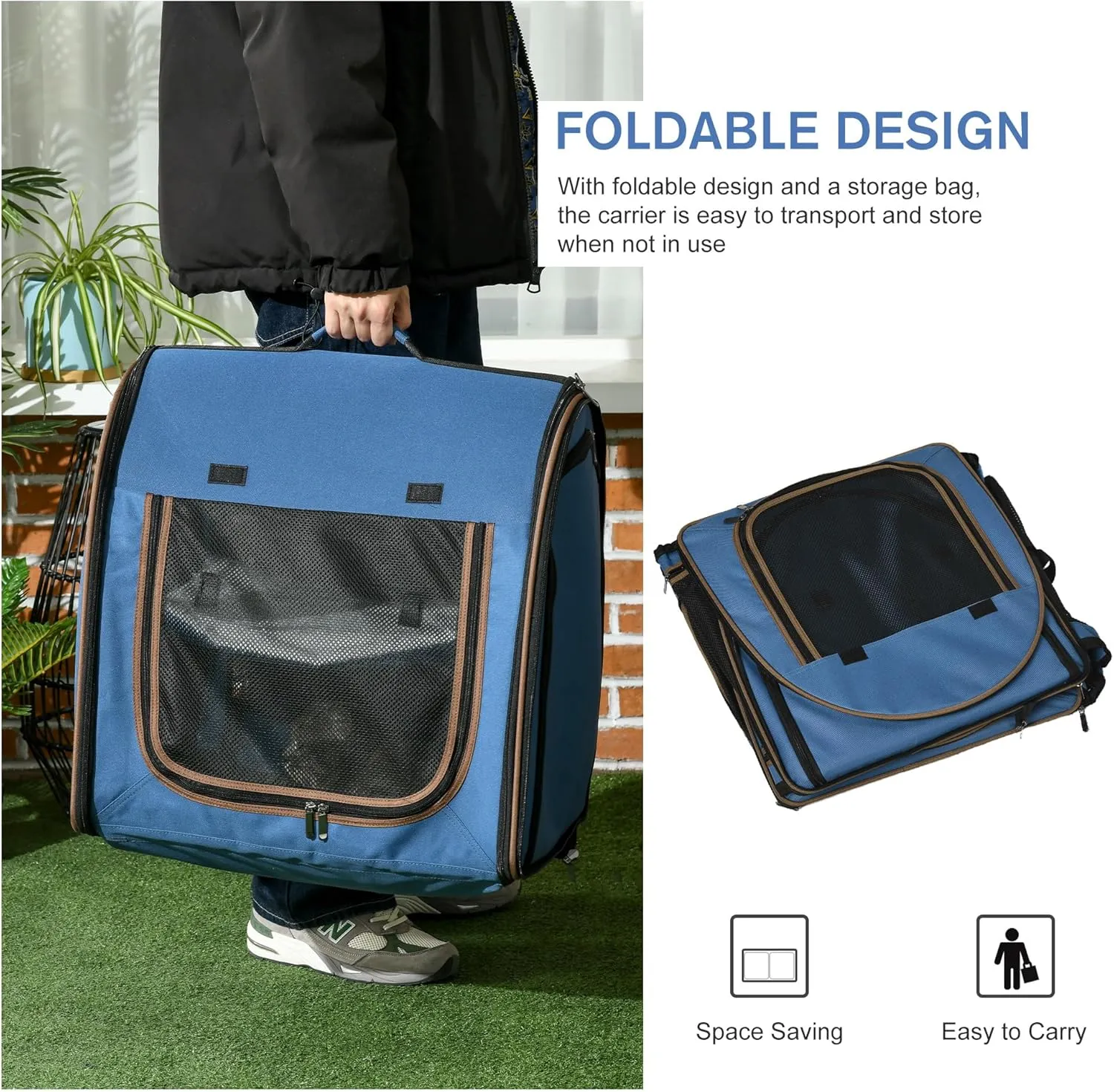 PawHut 39" Portable Soft-Sided Cat Carrier, Cat Kennel, Travel Dog Crate with Divider, Two Compartments, Soft Cushions & Storage Bag, Easy to Fold, Blue