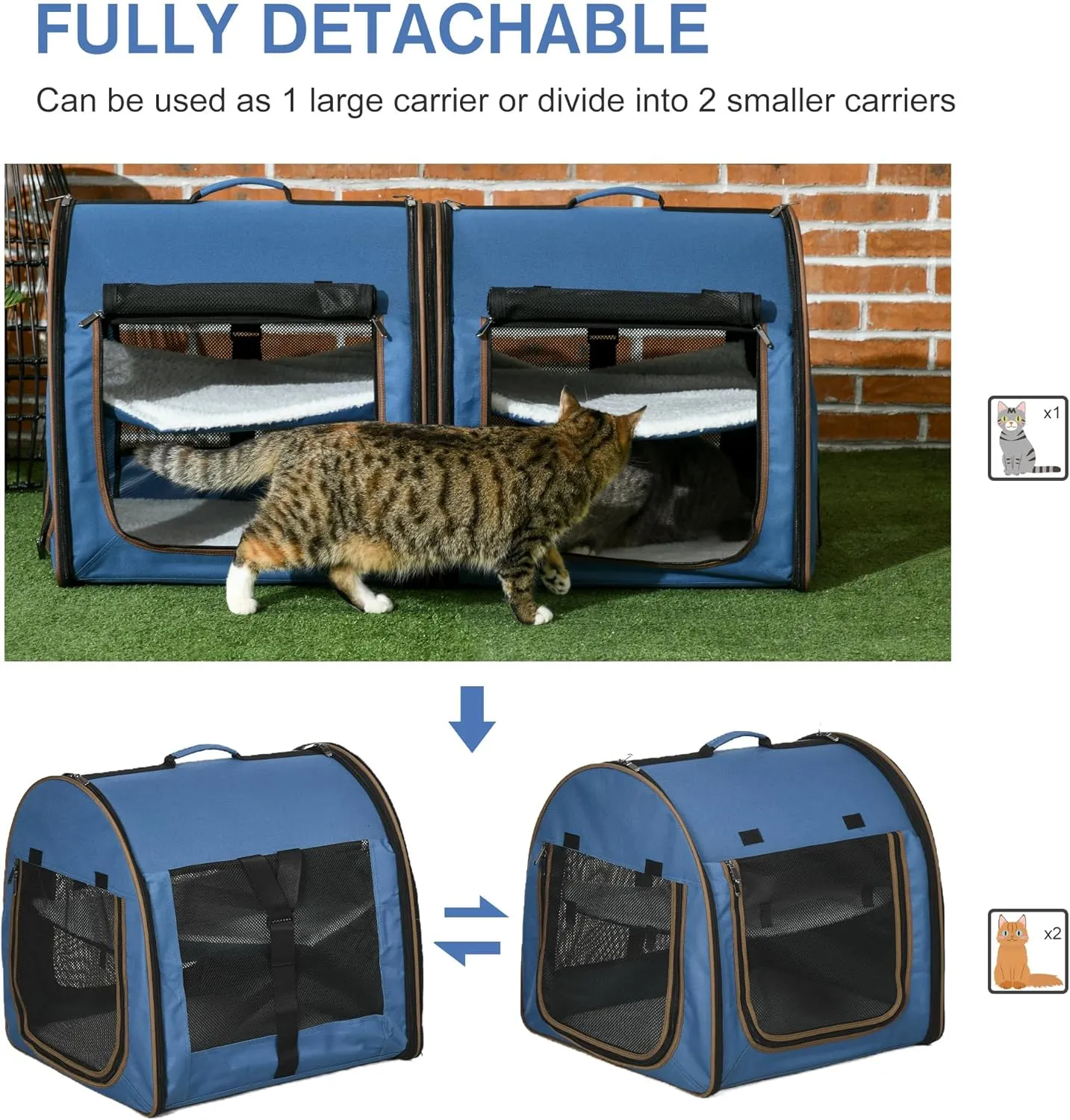 PawHut 39" Portable Soft-Sided Cat Carrier, Cat Kennel, Travel Dog Crate with Divider, Two Compartments, Soft Cushions & Storage Bag, Easy to Fold, Blue