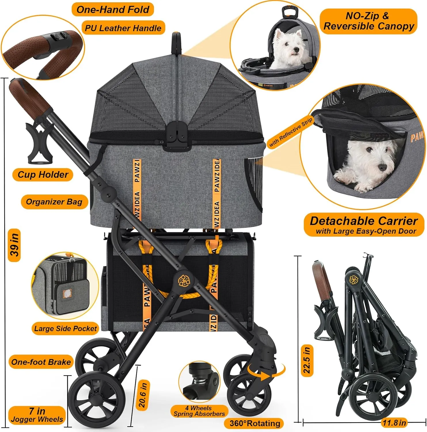 PAWZIDEA Double Pet Stroller with 2 Detachable Carriers, Airline Approved Cat Carrier Expandable, No-Zip Canopy Pet Travel Car Seat, Foldable Dog Cart Jogger Stroller for 2 Cats & Small/Medium Dogs