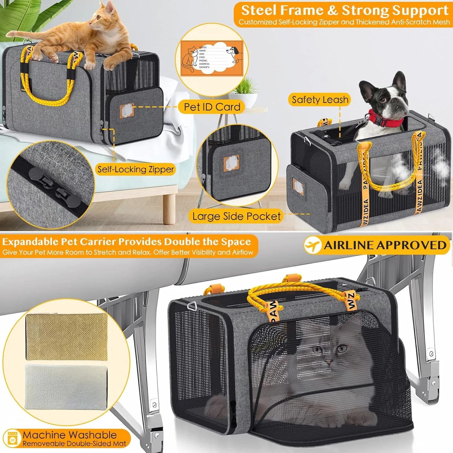 PAWZIDEA Double Pet Stroller with 2 Detachable Carriers, Airline Approved Cat Carrier Expandable, No-Zip Canopy Pet Travel Car Seat, Foldable Dog Cart Jogger Stroller for 2 Cats & Small/Medium Dogs