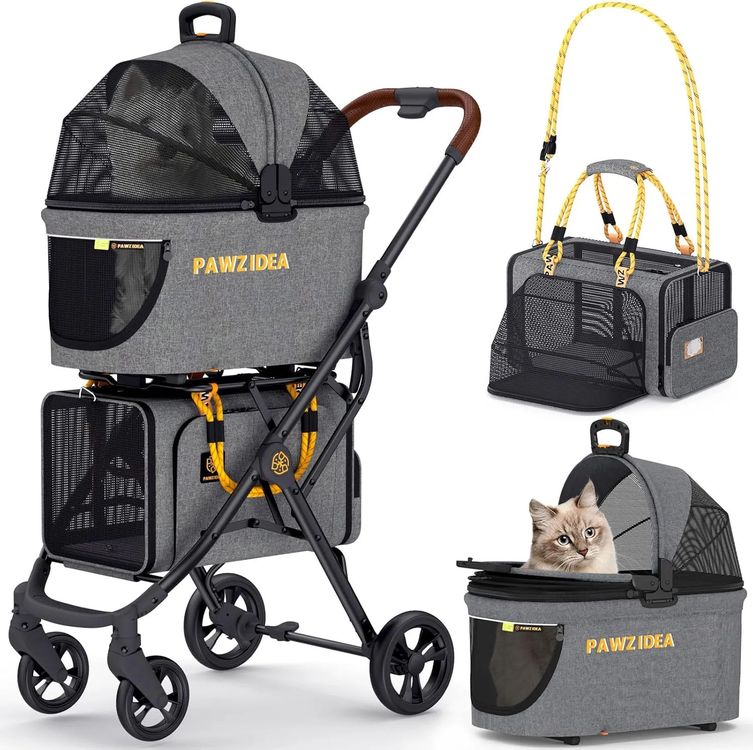 PAWZIDEA Double Pet Stroller with 2 Detachable Carriers, Airline Approved Cat Carrier Expandable, No-Zip Canopy Pet Travel Car Seat, Foldable Dog Cart Jogger Stroller for 2 Cats & Small/Medium Dogs