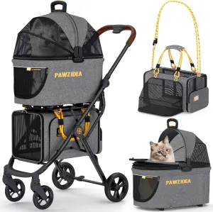 PAWZIDEA Double Pet Stroller with 2 Detachable Carriers, Airline Approved Cat Carrier Expandable, No-Zip Canopy Pet Travel Car Seat, Foldable Dog Cart Jogger Stroller for 2 Cats & Small/Medium Dogs