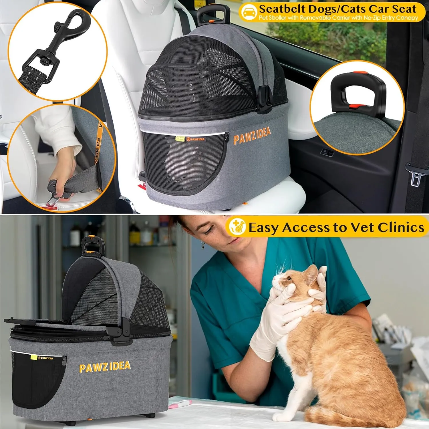 PAWZIDEA Double Pet Stroller with 2 Detachable Carriers, Airline Approved Cat Carrier Expandable, No-Zip Canopy Pet Travel Car Seat, Foldable Dog Cart Jogger Stroller for 2 Cats & Small/Medium Dogs