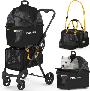 PAWZIDEA Double Pet Stroller with 2 Detachable Carriers, TSA Airline Approved Cat Carrier Expandable, Seatbelt Pet Travel Car Seat, Foldable Dog Cart Jogger Stroller for 2 Cats & Small/Medium Dogs