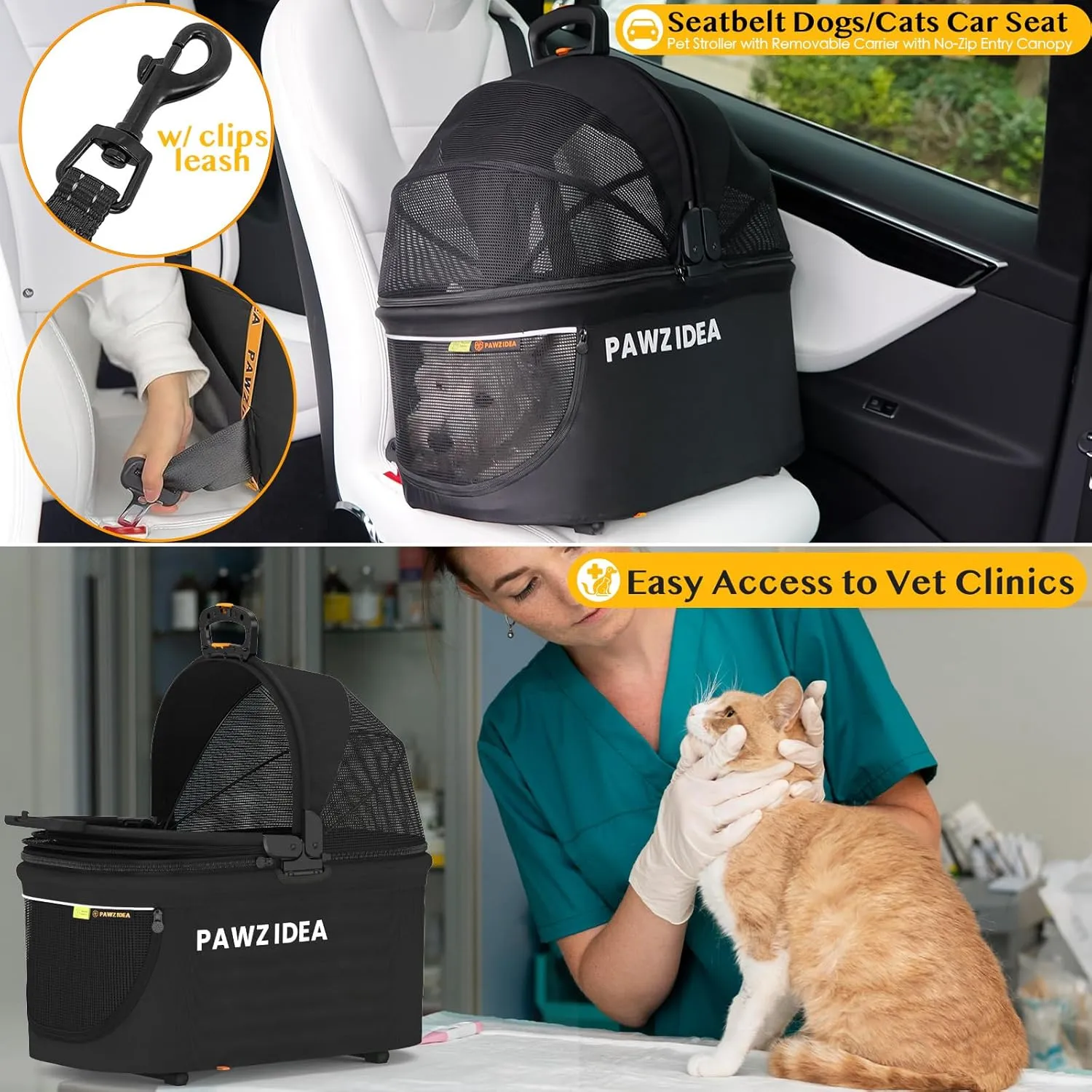 PAWZIDEA Double Pet Stroller with 2 Detachable Carriers, TSA Airline Approved Cat Carrier Expandable, Seatbelt Pet Travel Car Seat, Foldable Dog Cart Jogger Stroller for 2 Cats & Small/Medium Dogs