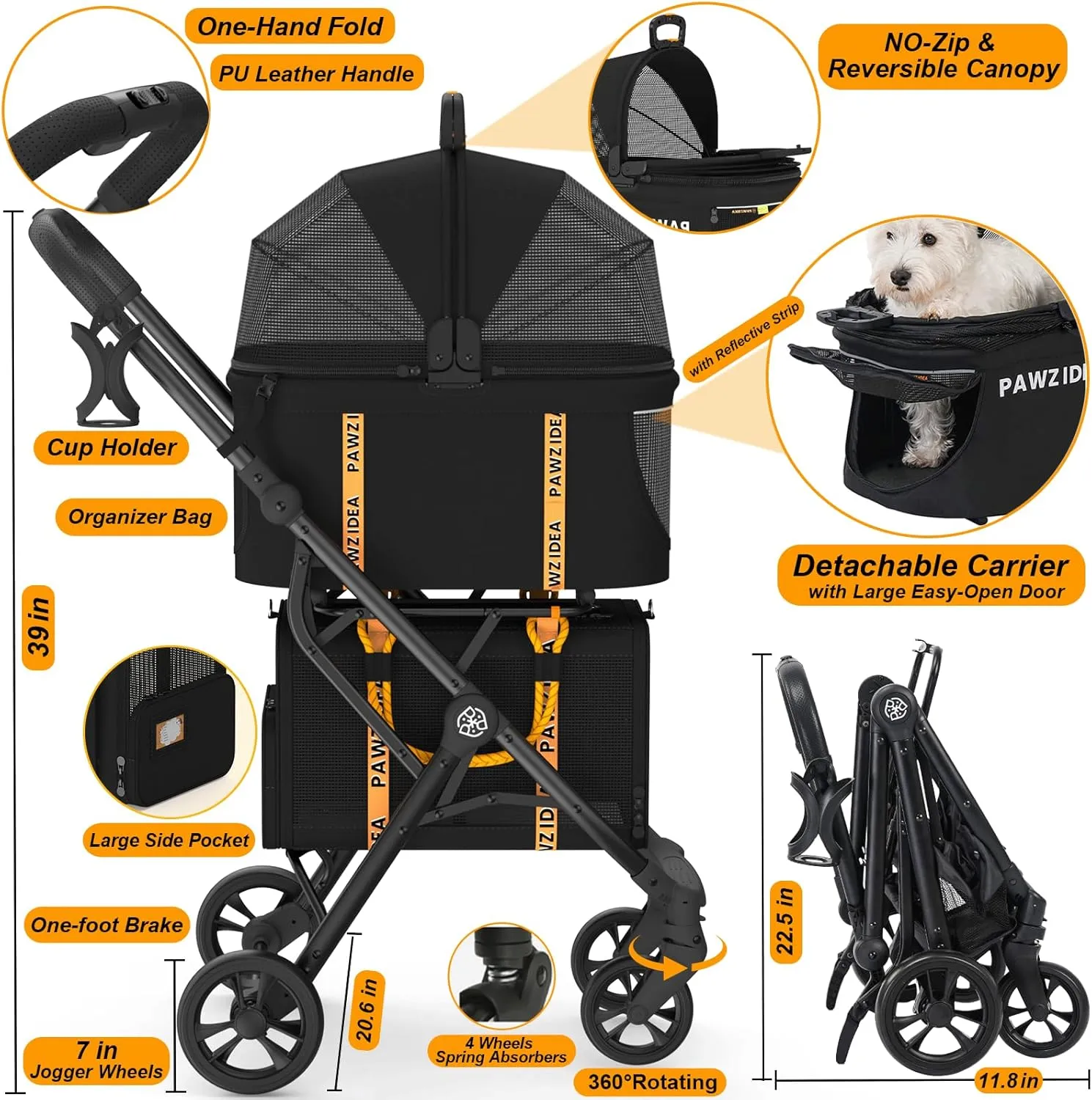 PAWZIDEA Double Pet Stroller with 2 Detachable Carriers, TSA Airline Approved Cat Carrier Expandable, Seatbelt Pet Travel Car Seat, Foldable Dog Cart Jogger Stroller for 2 Cats & Small/Medium Dogs