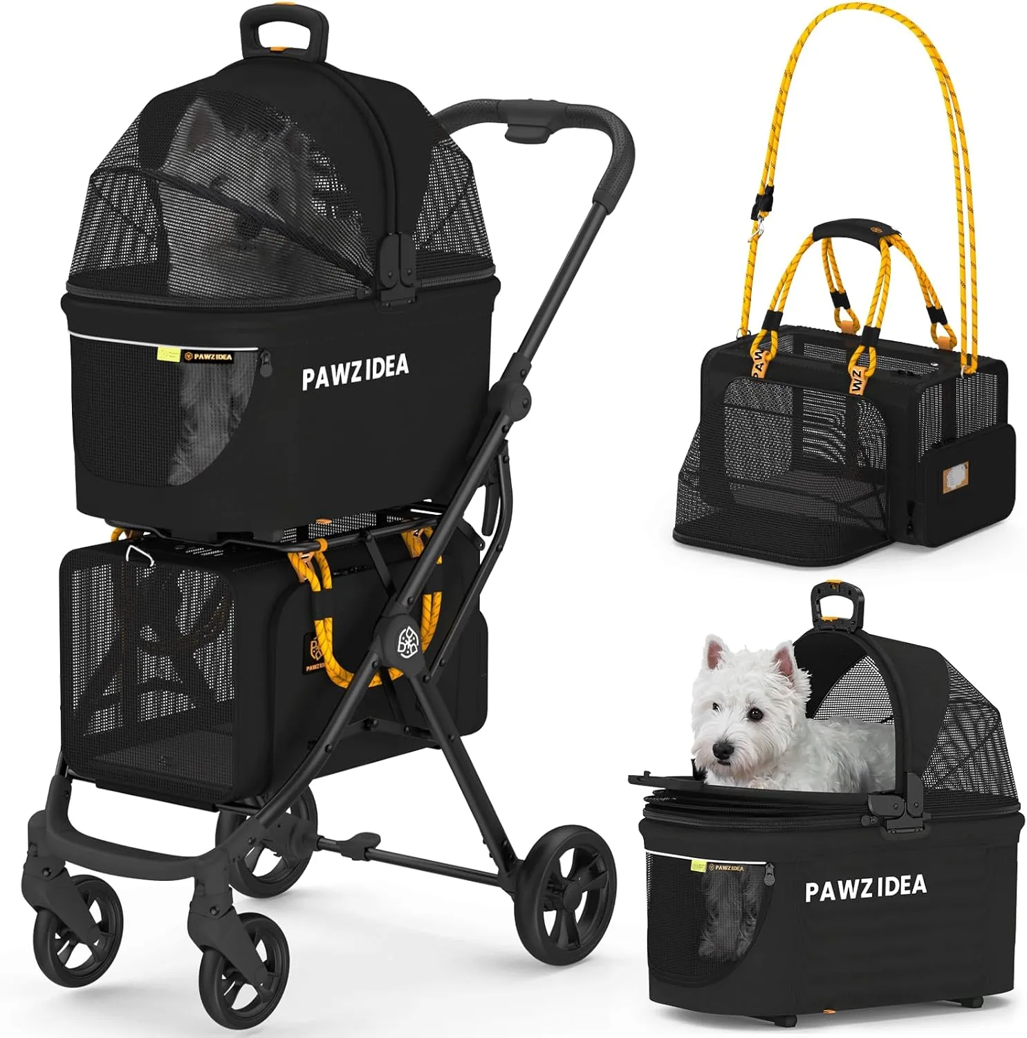 PAWZIDEA Double Pet Stroller with 2 Detachable Carriers, TSA Airline Approved Cat Carrier Expandable, Seatbelt Pet Travel Car Seat, Foldable Dog Cart Jogger Stroller for 2 Cats & Small/Medium Dogs