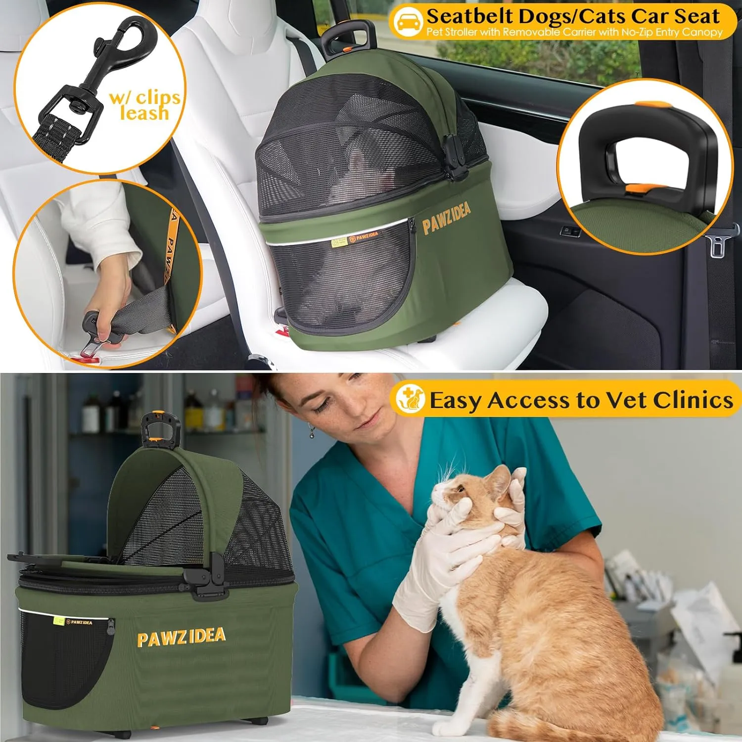 PAWZIDEA Double Pet Stroller with 2 Detachable Carriers, TSA Approved Expandable Cat Carrier Bag, Double Dog Stroller with Removable Carrier, Foldable Pet Travel Car Seat for Small/Medium 2 Dogs Cats