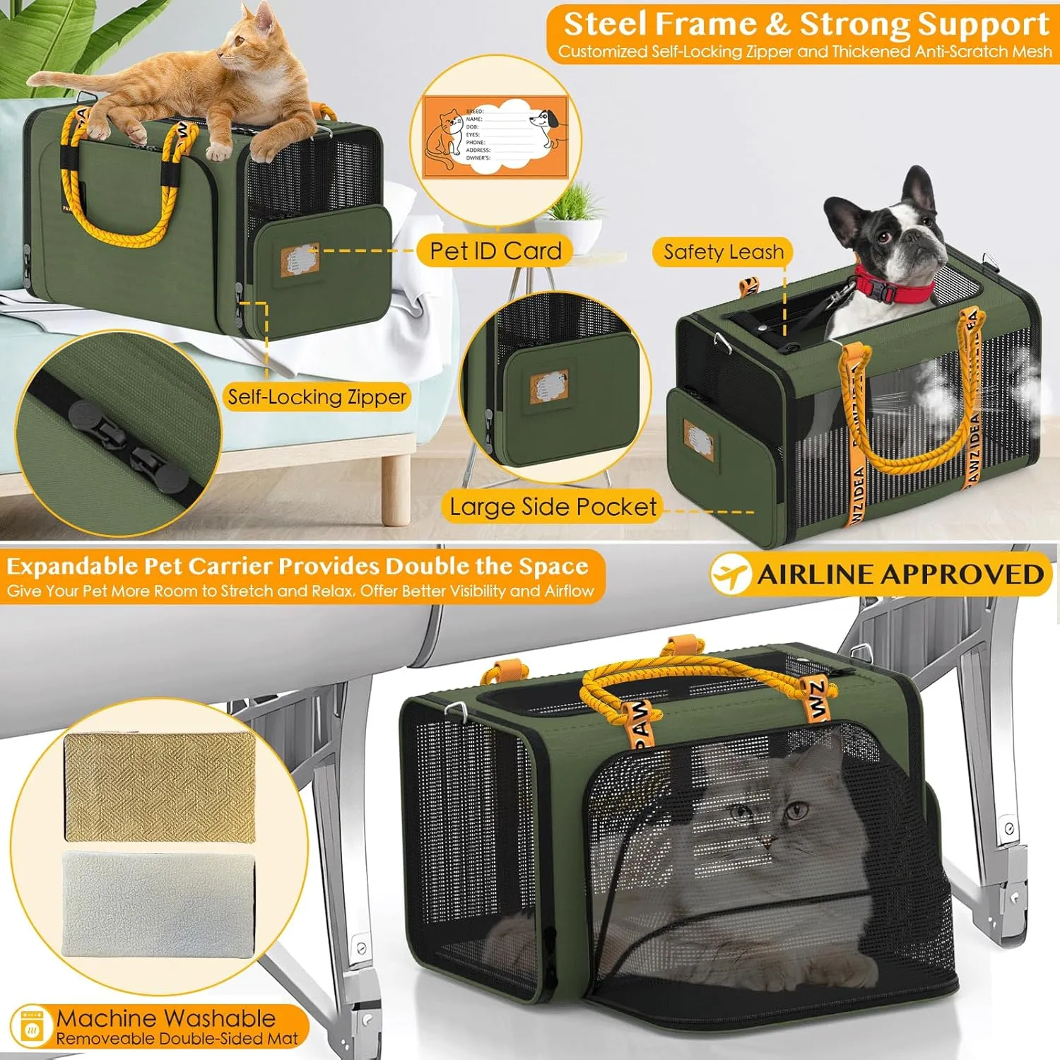 PAWZIDEA Double Pet Stroller with 2 Detachable Carriers, TSA Approved Expandable Cat Carrier Bag, Double Dog Stroller with Removable Carrier, Foldable Pet Travel Car Seat for Small/Medium 2 Dogs Cats
