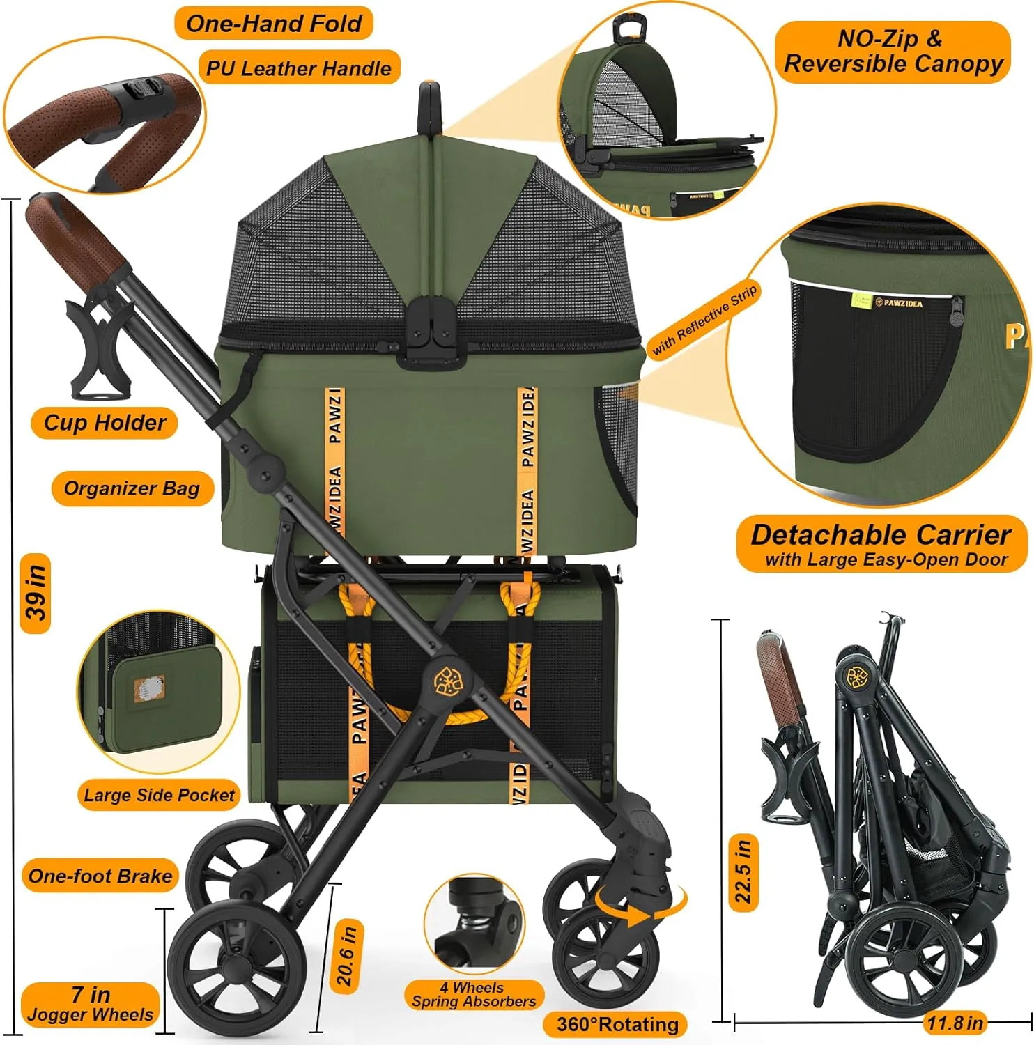 PAWZIDEA Double Pet Stroller with 2 Detachable Carriers, TSA Approved Expandable Cat Carrier Bag, Double Dog Stroller with Removable Carrier, Foldable Pet Travel Car Seat for Small/Medium 2 Dogs Cats