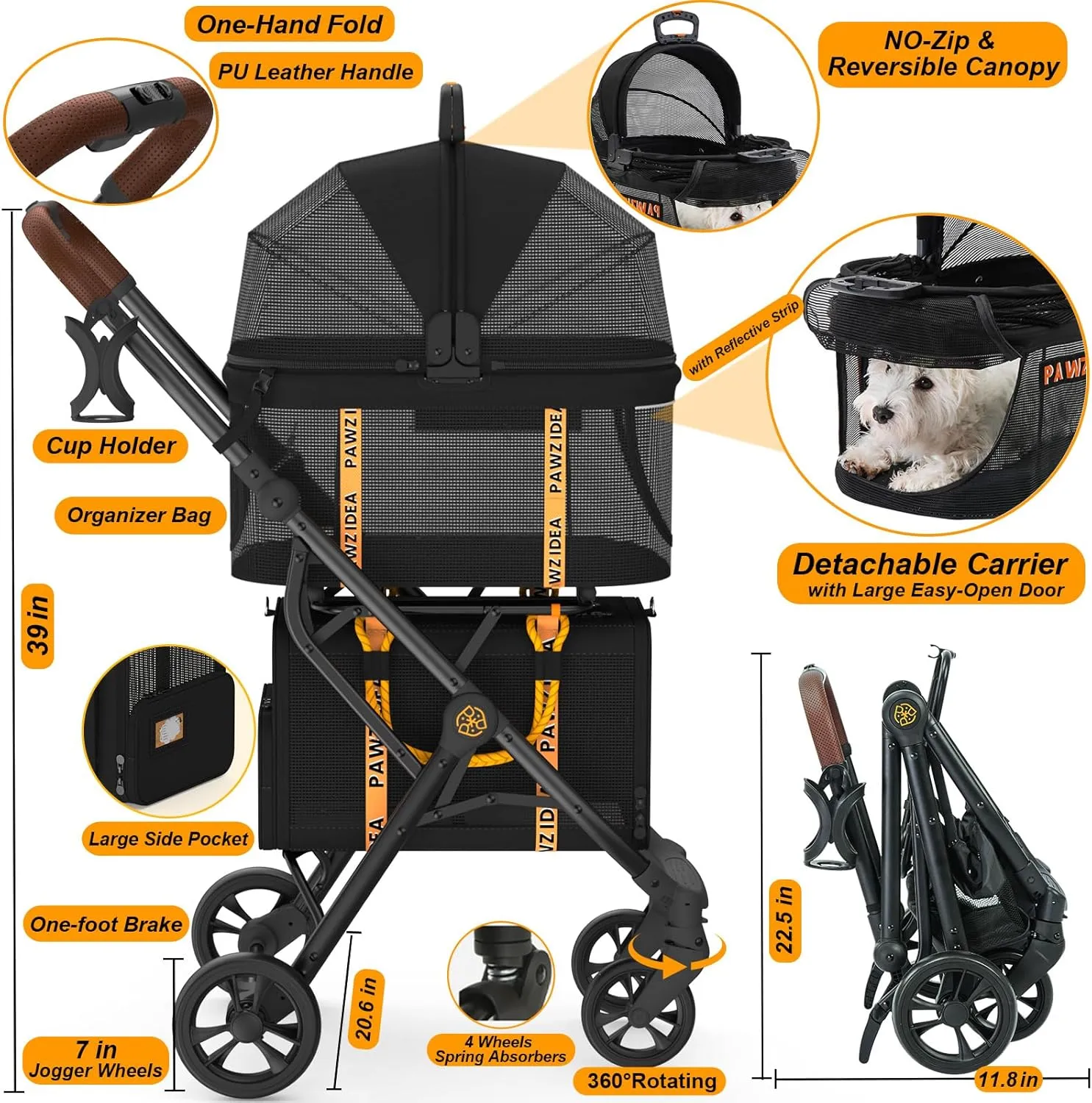 PAWZIDEA Double Pet Stroller with 2 Detachable Carriers, TSA Approved Expandable Cat Carrier Bag, Seatbelt Pet Travel Car Seat, Removable Foldable Dog Jogger Stroller for 2 Cats & Small/Medium Dogs