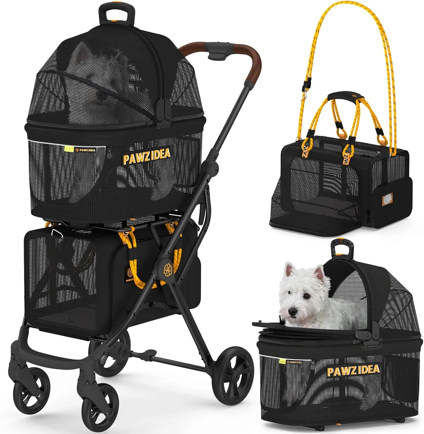 PAWZIDEA Double Pet Stroller with 2 Detachable Carriers, TSA Approved Expandable Cat Carrier Bag, Seatbelt Pet Travel Car Seat, Removable Foldable Dog Jogger Stroller for 2 Cats & Small/Medium Dogs