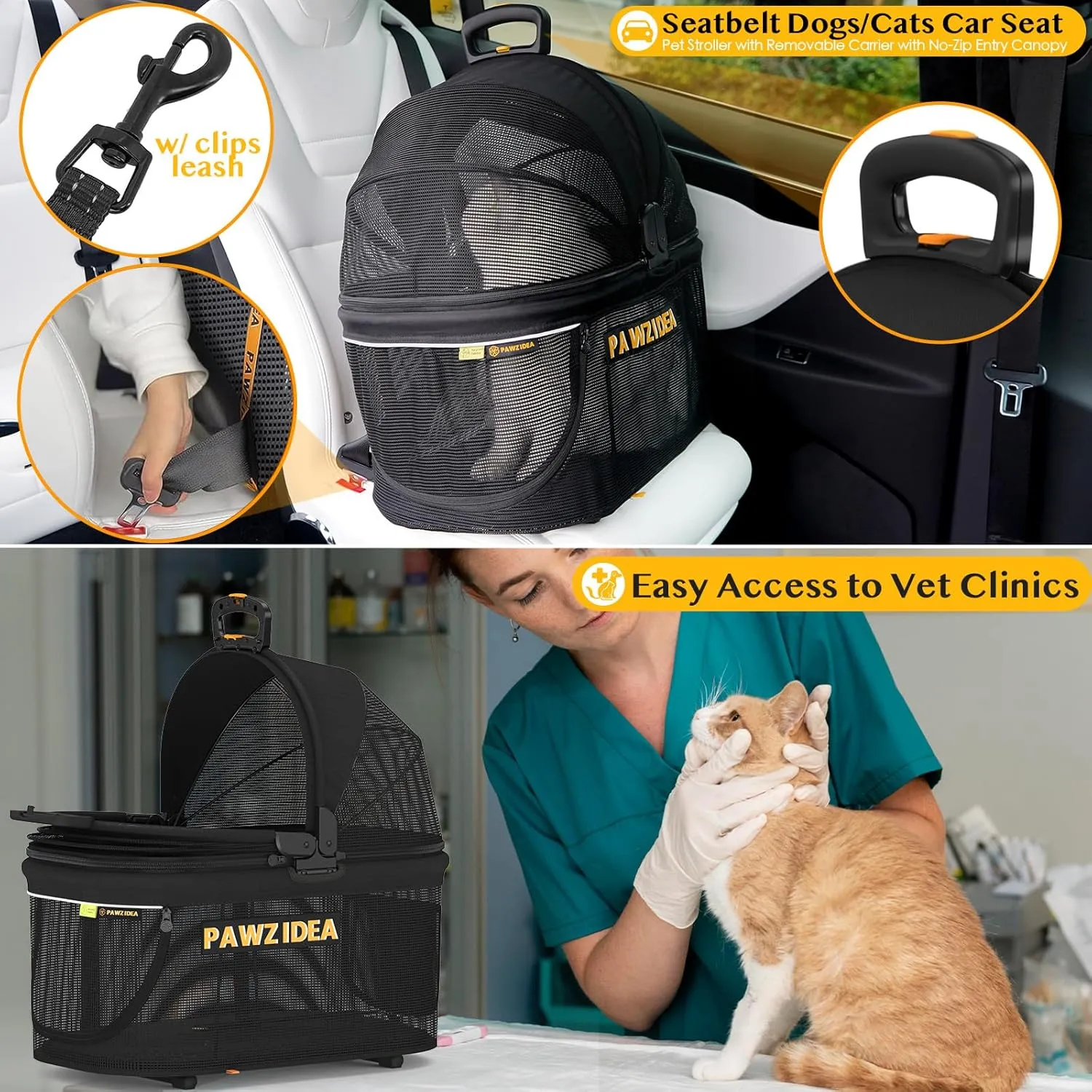 PAWZIDEA Double Pet Stroller with 2 Detachable Carriers, TSA Approved Expandable Cat Carrier Bag, Seatbelt Pet Travel Car Seat, Removable Foldable Dog Jogger Stroller for 2 Cats & Small/Medium Dogs