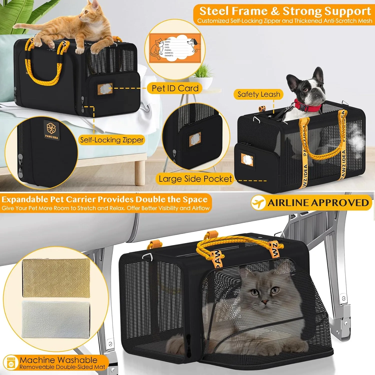 PAWZIDEA Double Pet Stroller with 2 Detachable Carriers, TSA Approved Expandable Cat Carrier Bag, Seatbelt Pet Travel Car Seat, Removable Foldable Dog Jogger Stroller for 2 Cats & Small/Medium Dogs