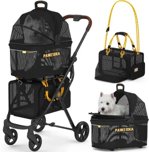 PAWZIDEA Double Pet Stroller with 2 Detachable Carriers, TSA Approved Expandable Cat Carrier Bag, Seatbelt Pet Travel Car Seat, Removable Foldable Dog Jogger Stroller for 2 Cats & Small/Medium Dogs