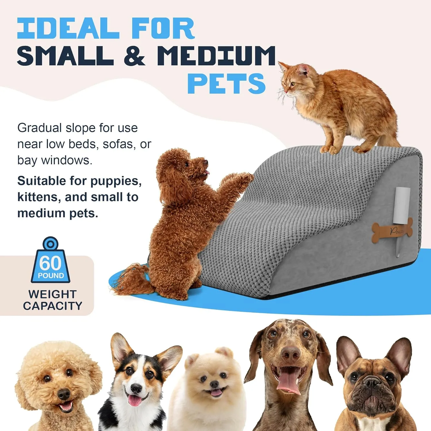 PAWZY Foam Pet Stairs for Bed, Couch or Window PREFIXED Cover - Wide Dog Steps for Bed, Waterproof, Non-Slip Base - Tier Dog Ramp Dog Stairs for Small Dogs, Puppies, Cats -(Gray, 2 Step, 1)