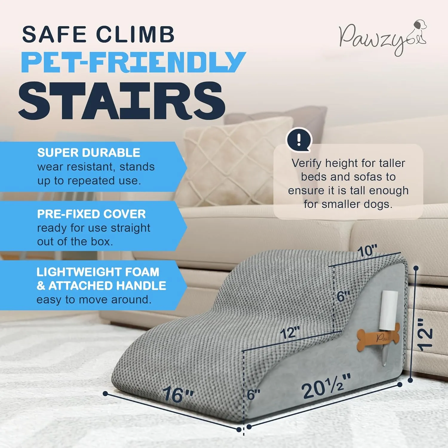 PAWZY Foam Pet Stairs for Bed, Couch or Window PREFIXED Cover - Wide Dog Steps for Bed, Waterproof, Non-Slip Base - Tier Dog Ramp Dog Stairs for Small Dogs, Puppies, Cats -(Gray, 2 Step, 1)