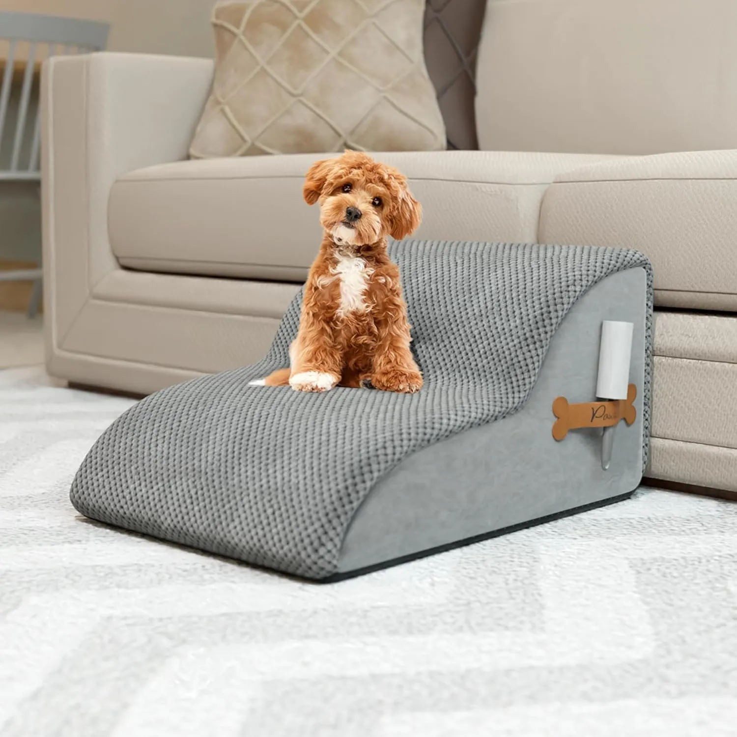 PAWZY Foam Pet Stairs for Bed, Couch or Window PREFIXED Cover - Wide Dog Steps for Bed, Waterproof, Non-Slip Base - Tier Dog Ramp Dog Stairs for Small Dogs, Puppies, Cats -(Gray, 2 Step, 1)