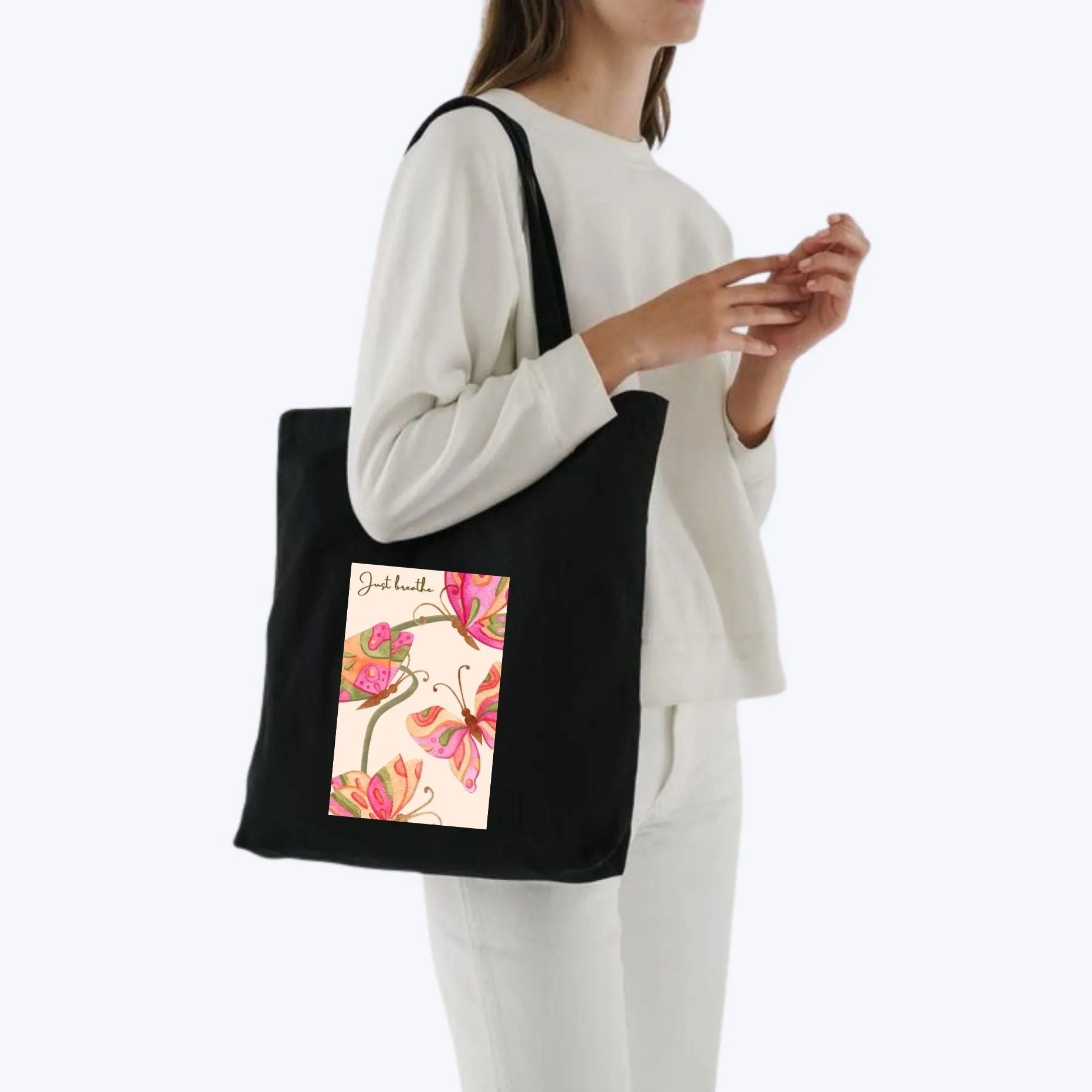 Peach Blossom Women's Cotton Printed Tote Bag With Zipper and Pouch