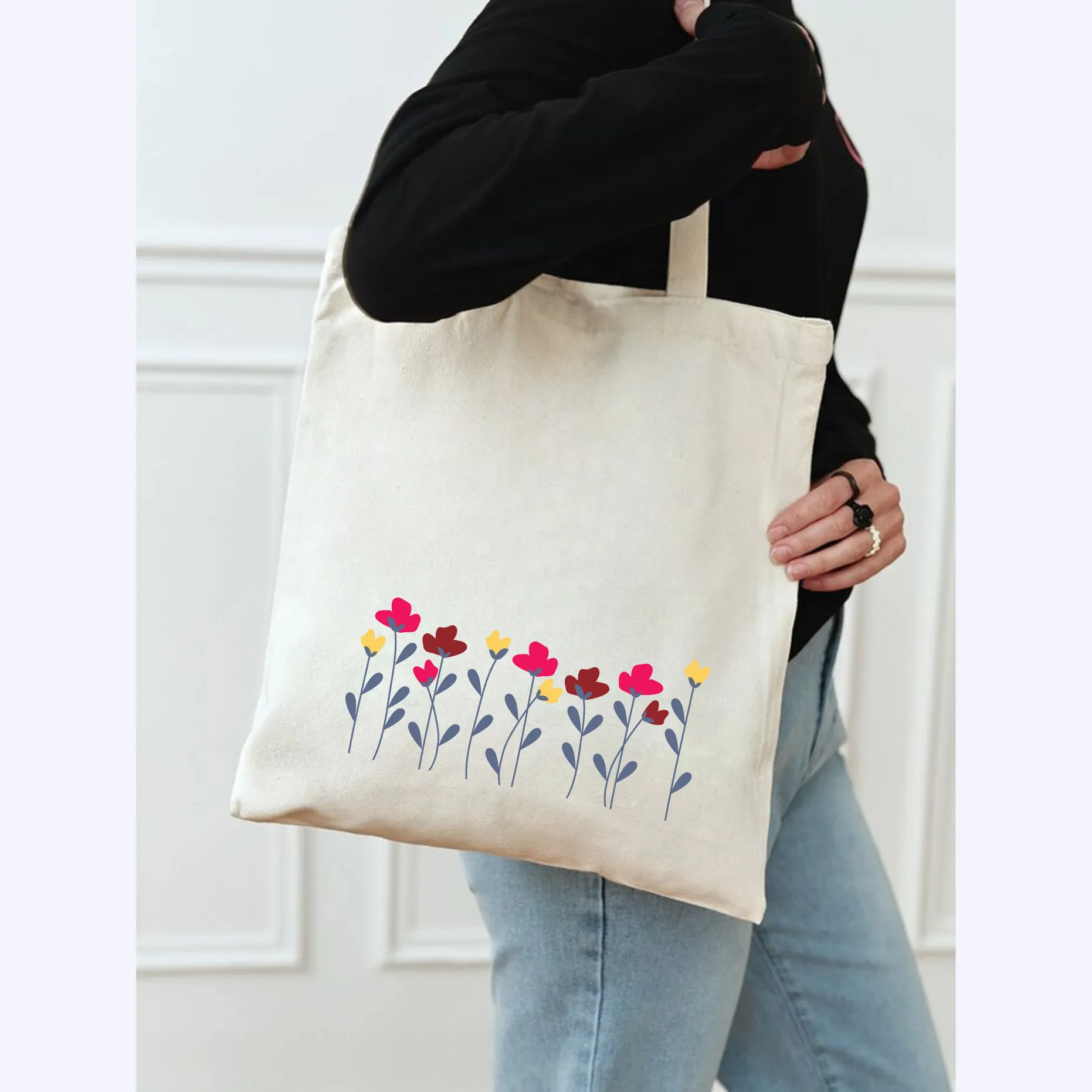 Peach Blossom Women's Cotton Printed Tote Bag With Zipper and Pouch