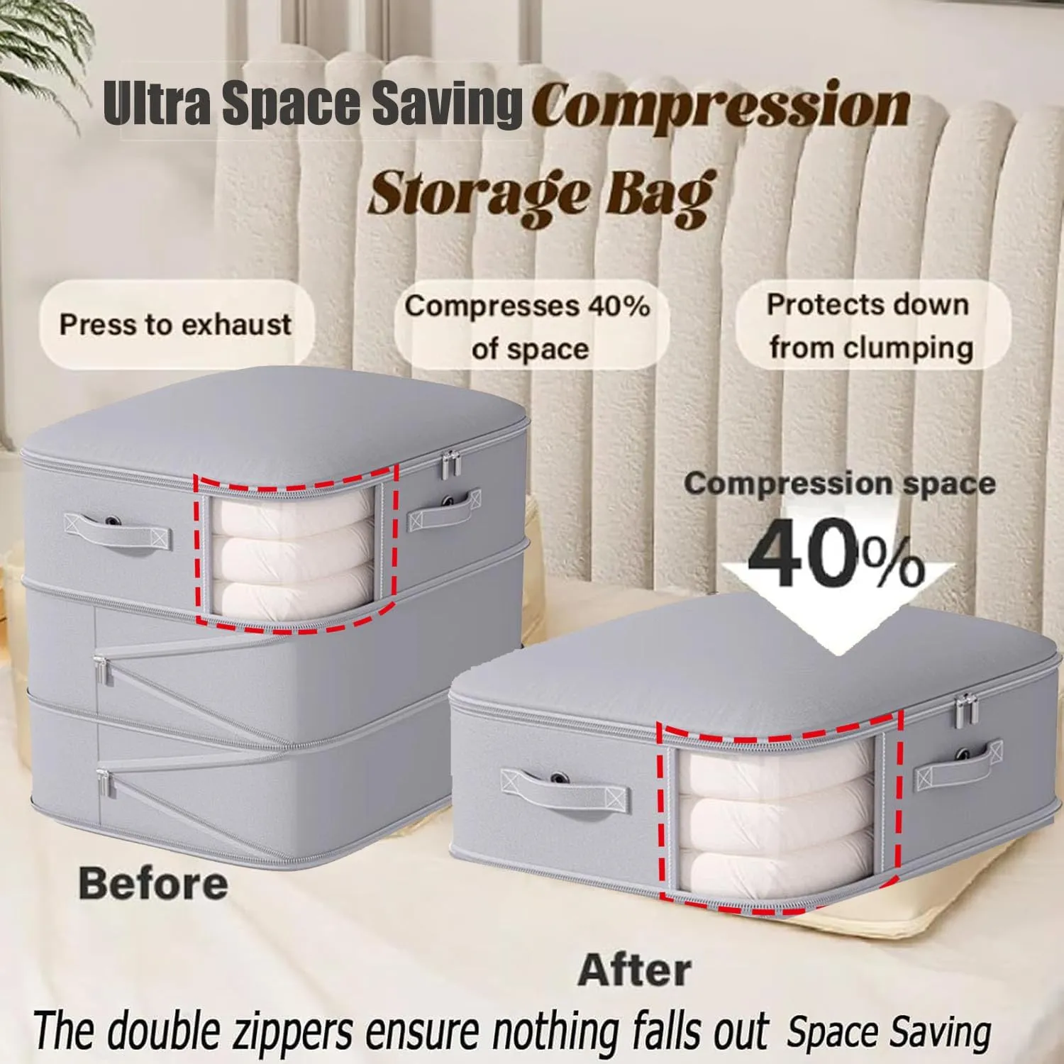 Peliaral Upgraded Visible Quilt Compression Bag Ultra Space Saving Self Compression Organizer Plus Size, 3-Layer Washable Large Capacity Comforter Storage Bag (Gray,24 * 21 * 17in)