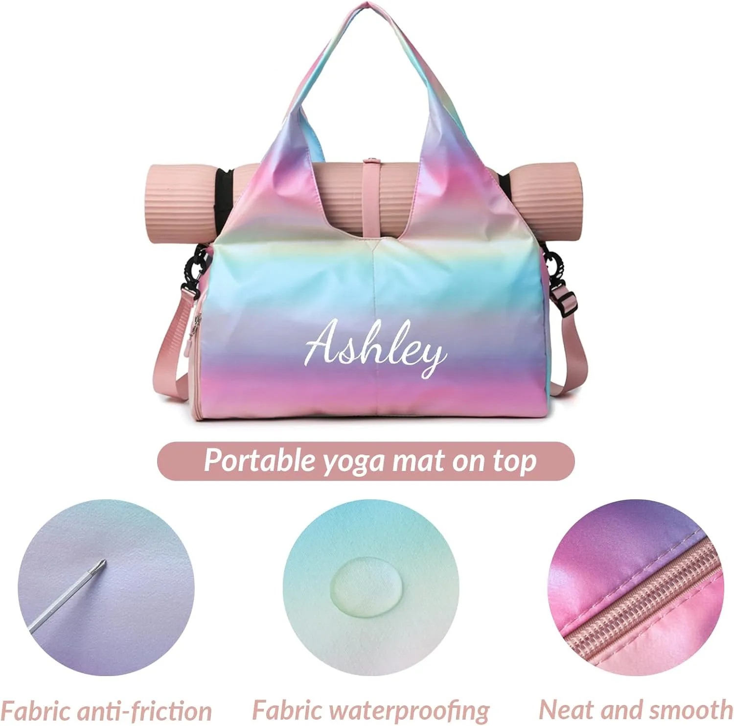 Personalized Sport Gym Bags with Yoga Mat Compartment, Custom Embroidered Name Duffle Bag with Shoe Compartment, Cheerleading Gymnastics Dance Ballet Bag for Girls, Weekender Overnight for Women