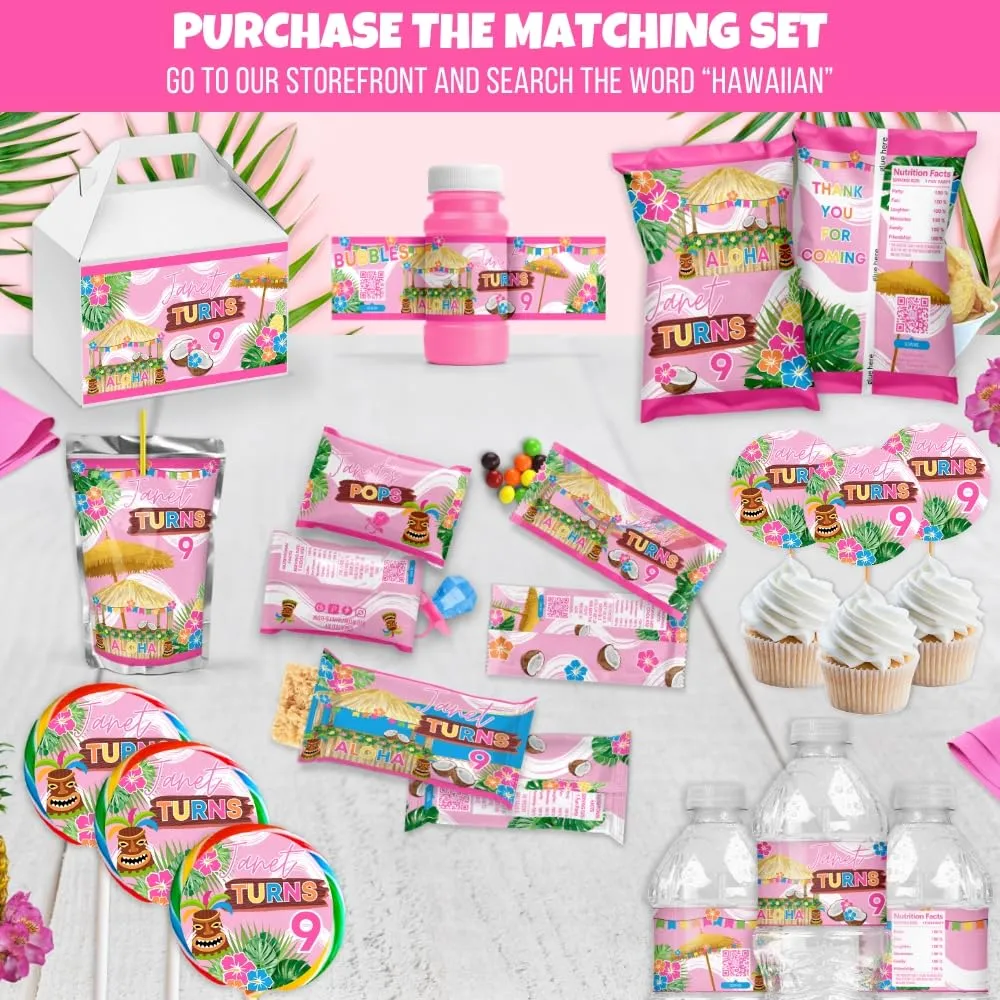 Personalized Tropical Hawaiian Luau Chip Bag Favors, Summer Pool Party Snack Wrappers, Tiki-Themed Goodie Bags with Hibiscus Flowers, Tiki Hut, and Tropical Leaves