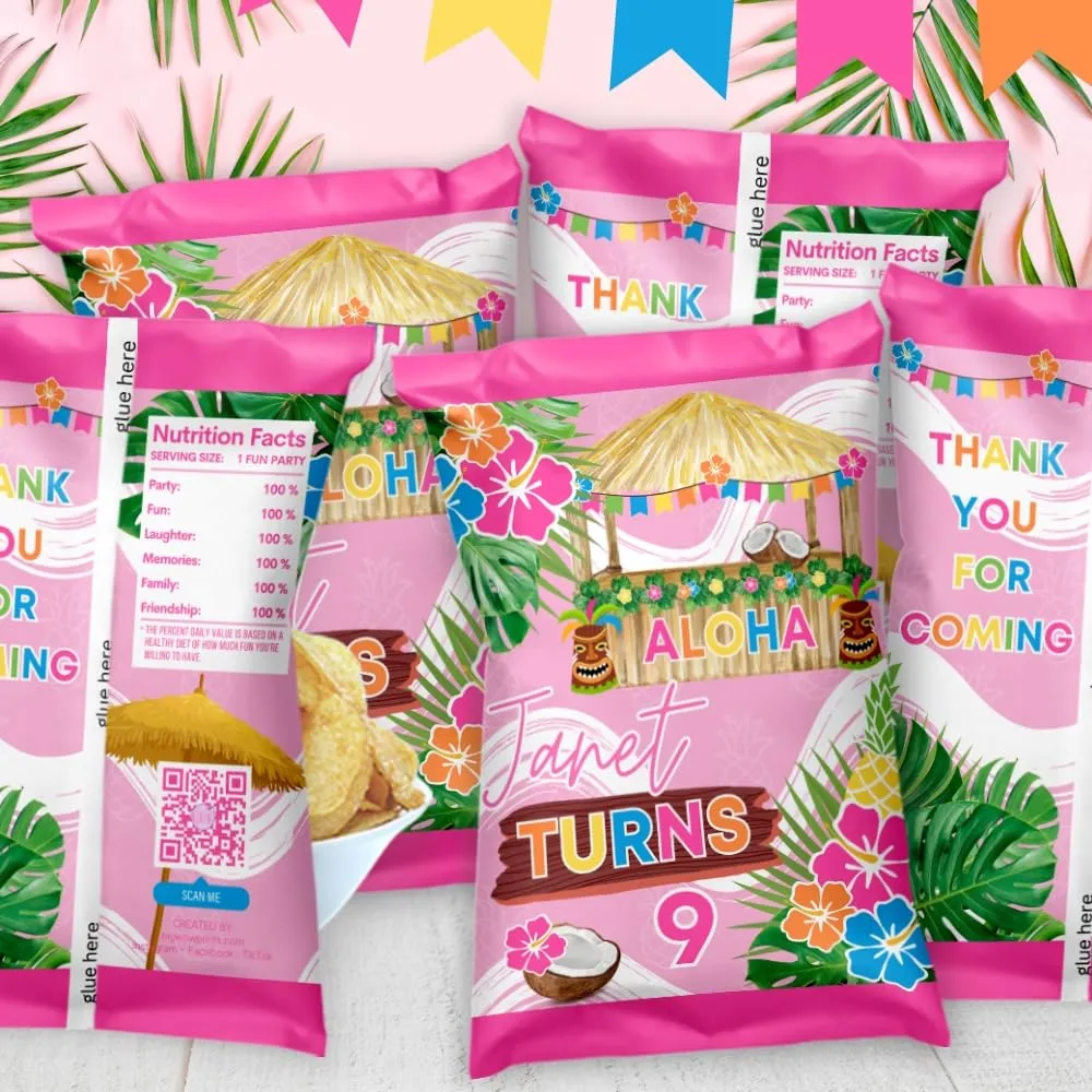 Personalized Tropical Hawaiian Luau Chip Bag Favors, Summer Pool Party Snack Wrappers, Tiki-Themed Goodie Bags with Hibiscus Flowers, Tiki Hut, and Tropical Leaves