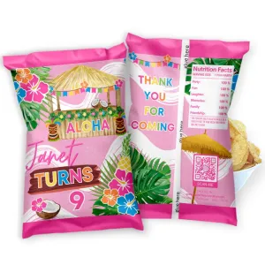 Personalized Tropical Hawaiian Luau Chip Bag Favors, Summer Pool Party Snack Wrappers, Tiki-Themed Goodie Bags with Hibiscus Flowers, Tiki Hut, and Tropical Leaves