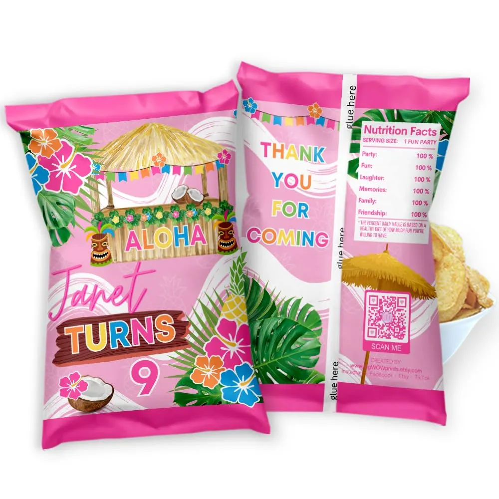 Personalized Tropical Hawaiian Luau Chip Bag Favors, Summer Pool Party Snack Wrappers, Tiki-Themed Goodie Bags with Hibiscus Flowers, Tiki Hut, and Tropical Leaves