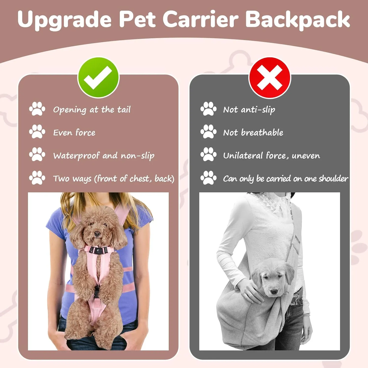 Pet Carrier Backpack, Adjustable Front Dog Carrier, Legs Out Dog Chest Carrier, Waterproof Dog Back Pack for Small Medium Dogs Cats Puppies and Rabbits Hiking Camping (Pink, Large)