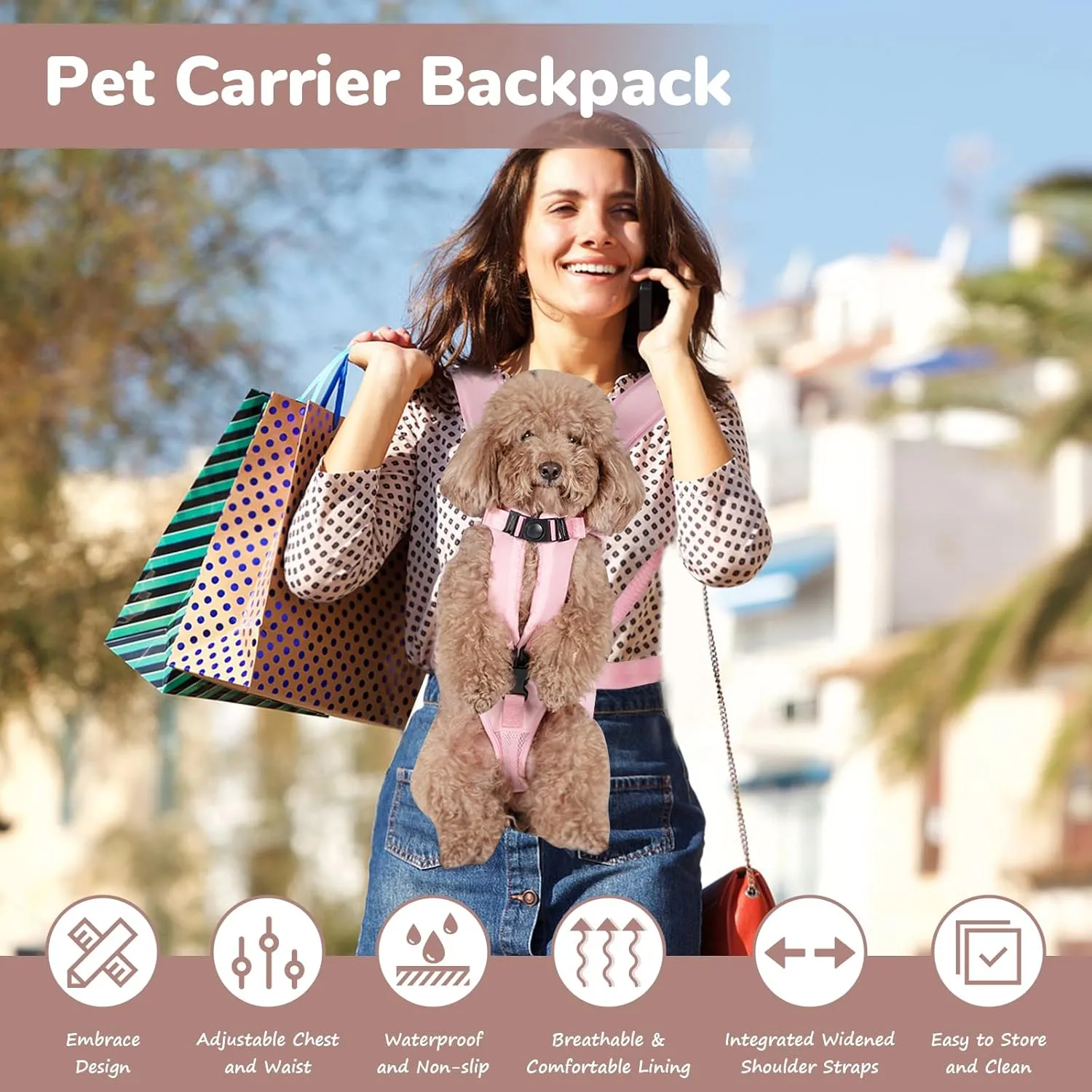 Pet Carrier Backpack, Adjustable Front Dog Carrier, Legs Out Dog Chest Carrier, Waterproof Dog Back Pack for Small Medium Dogs Cats Puppies and Rabbits Hiking Camping (Pink, Large)