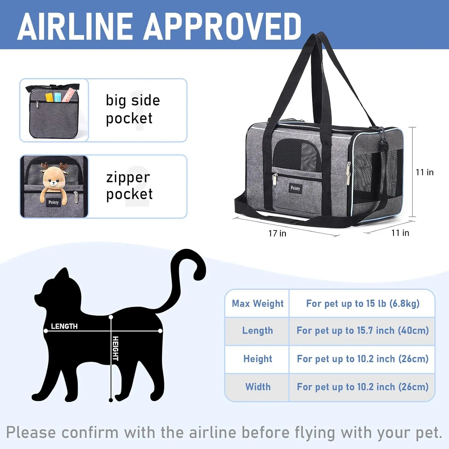 Pet Carrier for Cats,Small Dogs Under 15 Lbs(17x11x11 Inches),Delta/American/United Airline Approved Carriers, Cats Soft-Sided Carriers,Pet Travel Carrier Bag with Two Storage Pockets-Grey