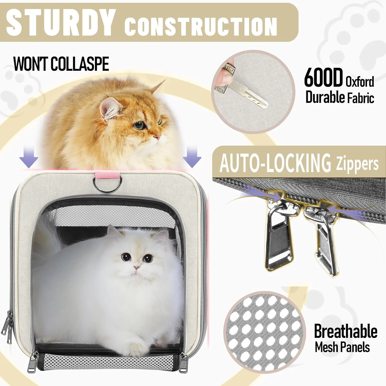Pet Carrier for Large Cat 20 lbs  / Soft Sided Small Dog 12 Pounds Travel Crate Top Load/Collapsible Kitty Carry Bag Big Kitten Mesh/Sturdy Animal Transport cage Kennel Long Trips Beige