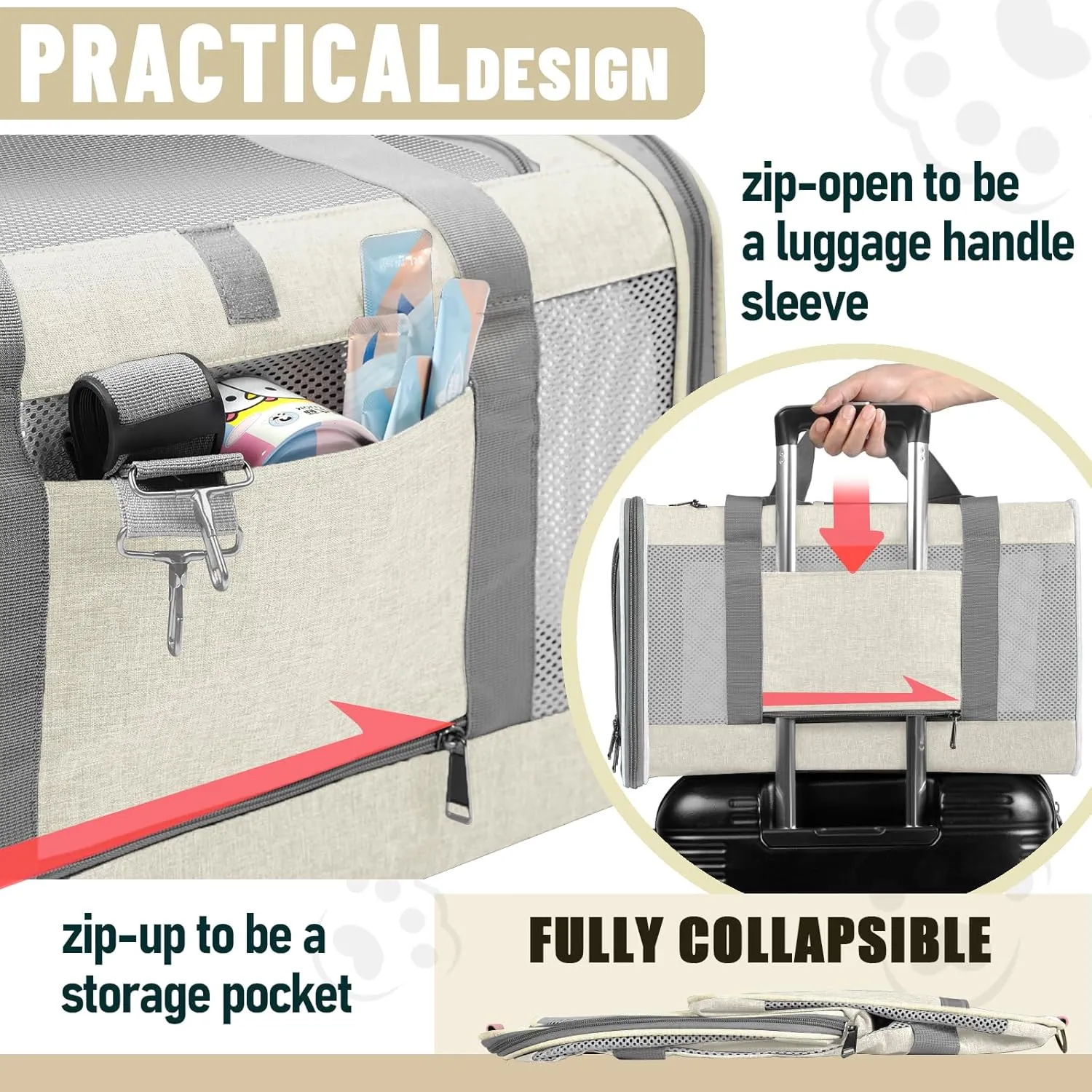 Pet Carrier for Large Cat 20 lbs  / Soft Sided Small Dog 12 Pounds Travel Crate Top Load/Collapsible Kitty Carry Bag Big Kitten Mesh/Sturdy Animal Transport cage Kennel Long Trips Beige
