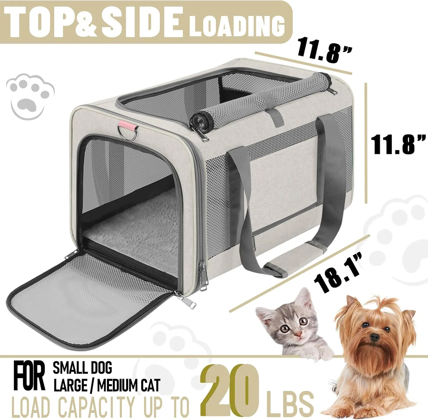 Pet Carrier for Large Cat 20 lbs  / Soft Sided Small Dog 12 Pounds Travel Crate Top Load/Collapsible Kitty Carry Bag Big Kitten Mesh/Sturdy Animal Transport cage Kennel Long Trips Beige